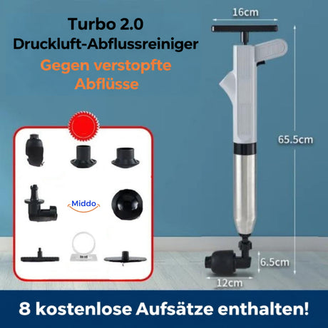 Grauer Turbo 2.0 mit Maßen und acht Aufsätzen