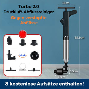 Schwarzer Turbo 2.0 mit Maßen und acht Aufsätzen