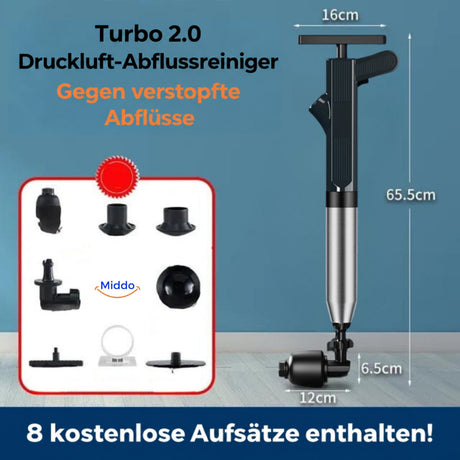 Schwarzer Turbo 2.0 mit Maßen und acht Aufsätzen
