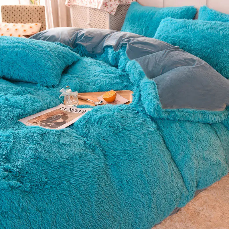 Teddy Fluffy Fleece-Bettwäsche in Türkis-Grau