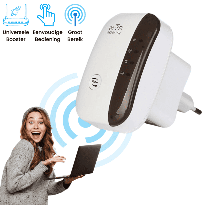 Nahaufnahme eines WiFi-Repeaters mit Statusanzeigen und WPS-Taste.