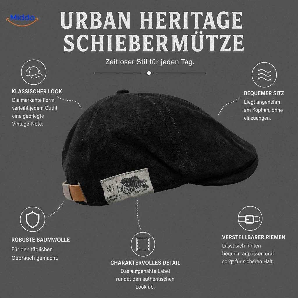 Deutsche Infografik mit den Vorteilen der Urban Heritage Schiebermütze