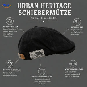 Deutsche Infografik mit den Vorteilen der Urban Heritage Schiebermütze