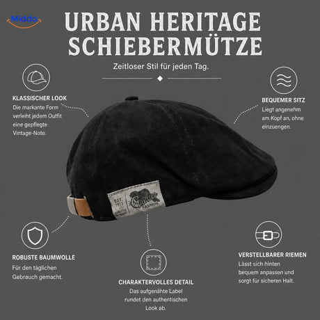 Deutsche Infografik mit den Vorteilen der Urban Heritage Schiebermütze