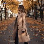 Veloursmantel in Beige mit hohem Kragen und Knöpfen - www.middo.de