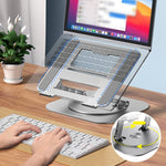 Laptop auf 360 Grad drehbarem Ständer neben Tastatur