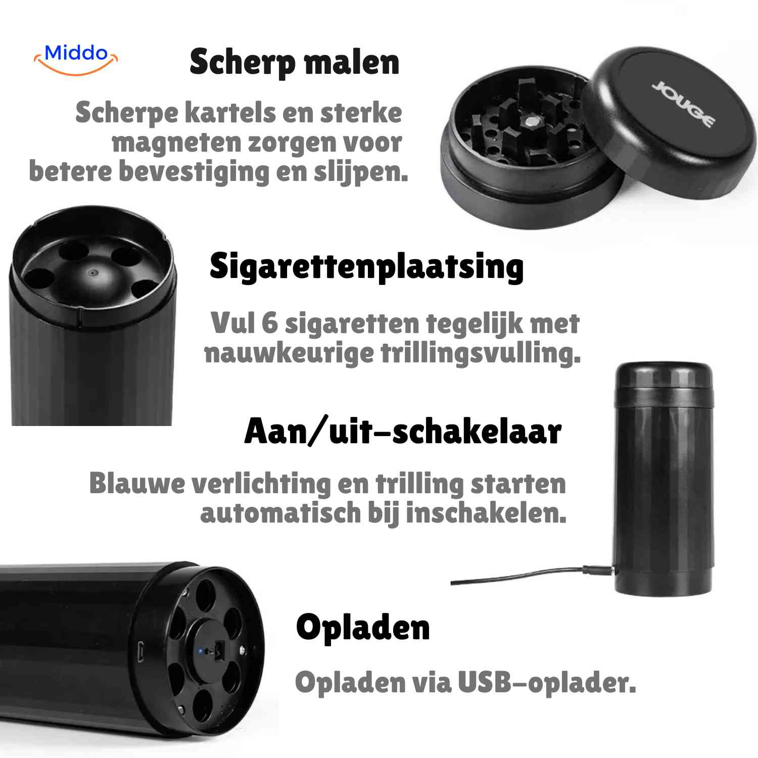 vibrogrind Mühle mit scharfen Klingen und Zigarettenhalter Details www.middo.nl