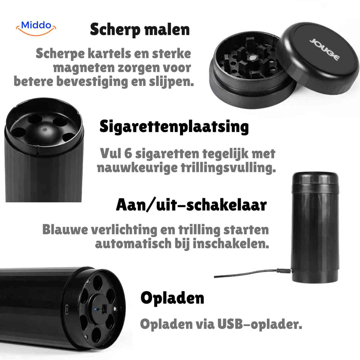 vibrogrind Mühle mit scharfen Klingen und Zigarettenhalter Details