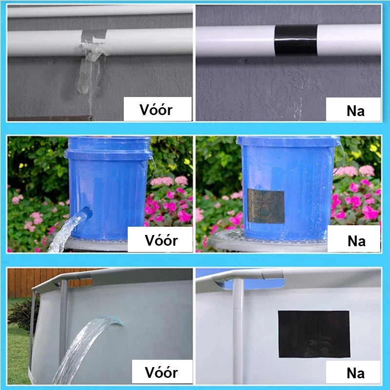 Verschiedene Objekte repariert mit wasserfester Klebeband, vorher und nachher.
