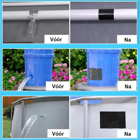 Verschiedene Objekte repariert mit wasserfestem Klebeband, vorher und nachher