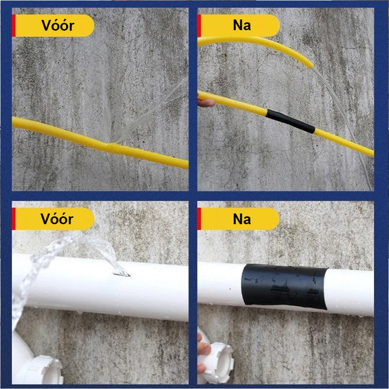 Vor und nach der Verwendung von wasserdichtem Tape auf gelbem Schlauch.