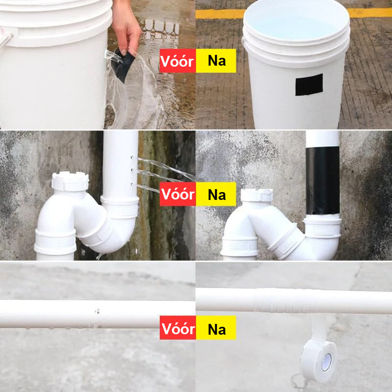 Vor und nach der Verwendung von wasserdichtem Klebeband auf weißen PVC-Rohren.
