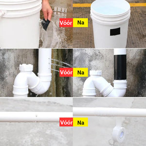 Vor und nach der Verwendung von wasserdichtem Klebeband auf weißen PVC-Rohren