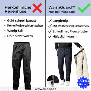 WarmGuard Thermohose mit Fleecefutter im Vergleich zu einer herkömmlichen Regenhose.
