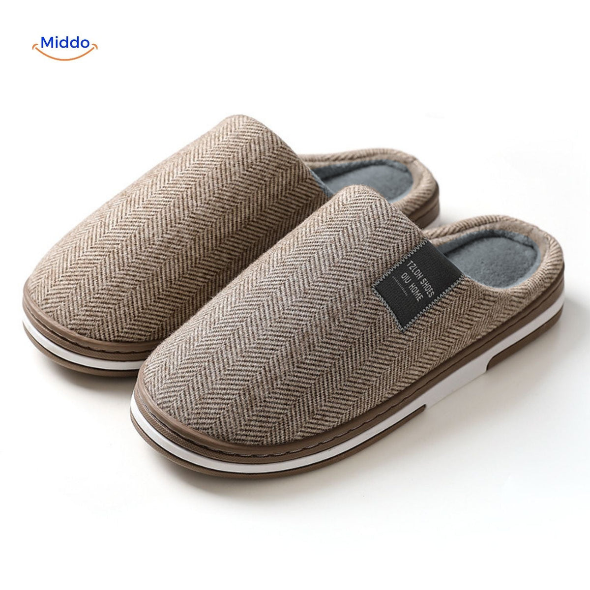 Braune Warmtique Hausschuhe mit grauer Innensohle und grauem Futter