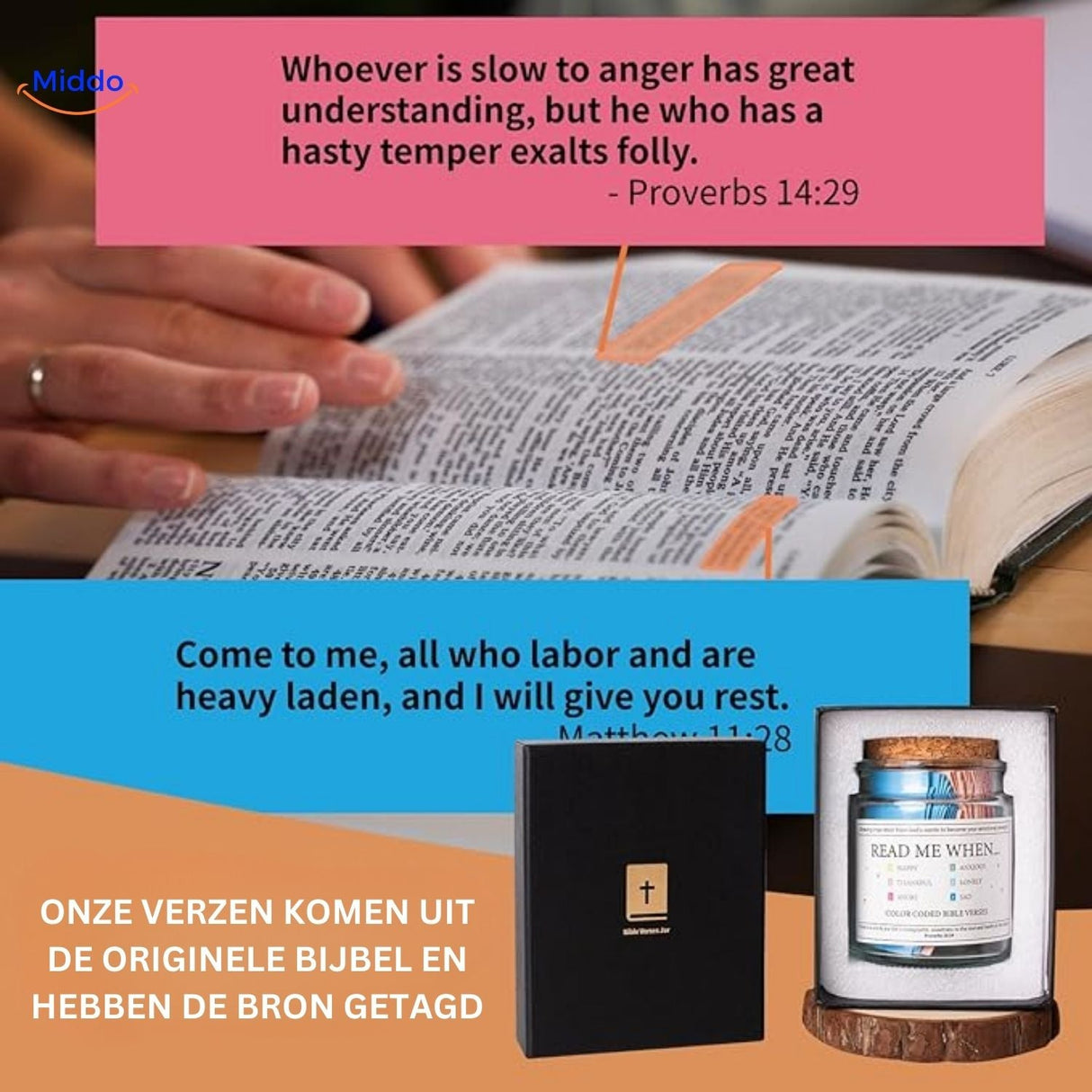 wenshart Gebetsglas: Eine Person liest eine offene Bibel mit markierten Versen