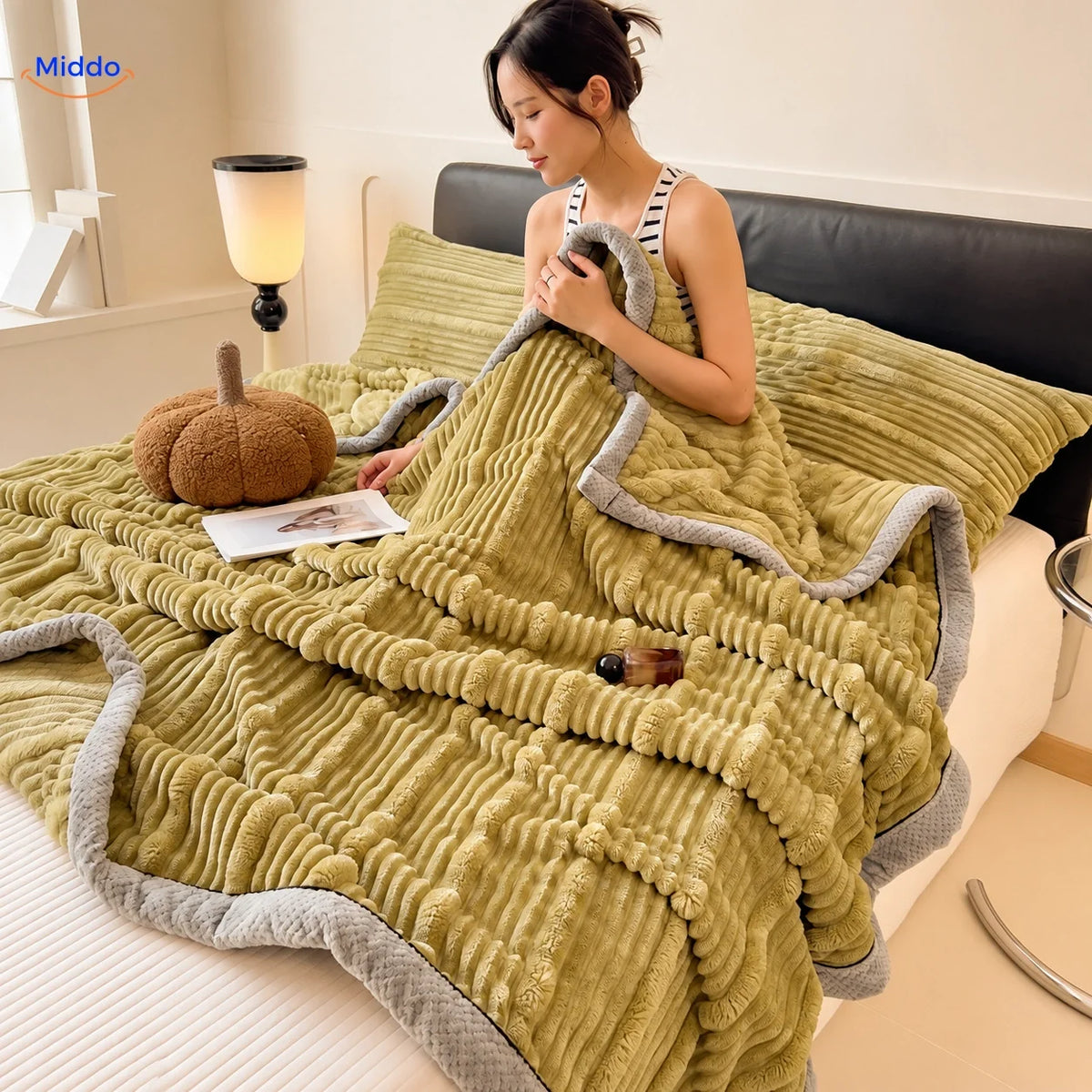 Winterra Kuscheldecke mit Rippenstruktur in Olivgrün und weicher Fleece-Rückseite