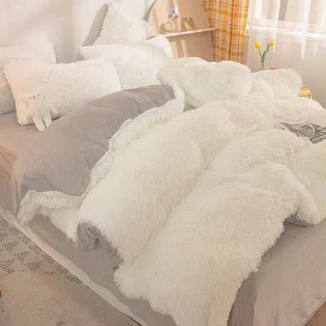 Teddy Fluffy Fleece-Bettwäsche in Weiß-Grau