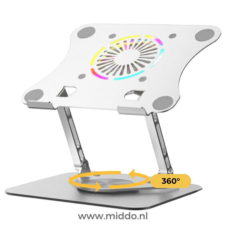 Weiße 360° drehbare Laptopständer mit integriertem Ventilator.