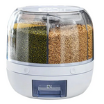 Weißer rotierender Getreidedispenser mit mehreren Sorten von Getreide und Bohnen darin.