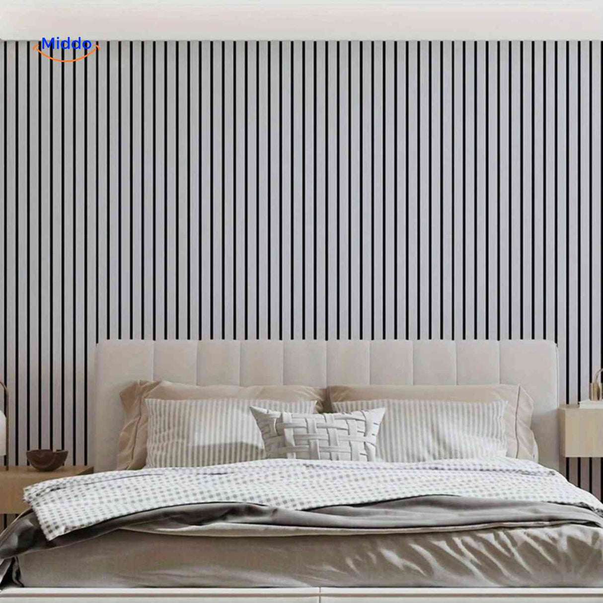Woodline Wandpaneele grau Lamellenwand Schlafzimmer