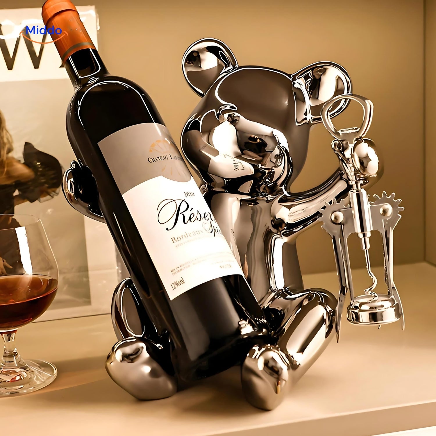 Silberner Bären Weinhalter mit eingebautem Korkenzieher Handmadebear