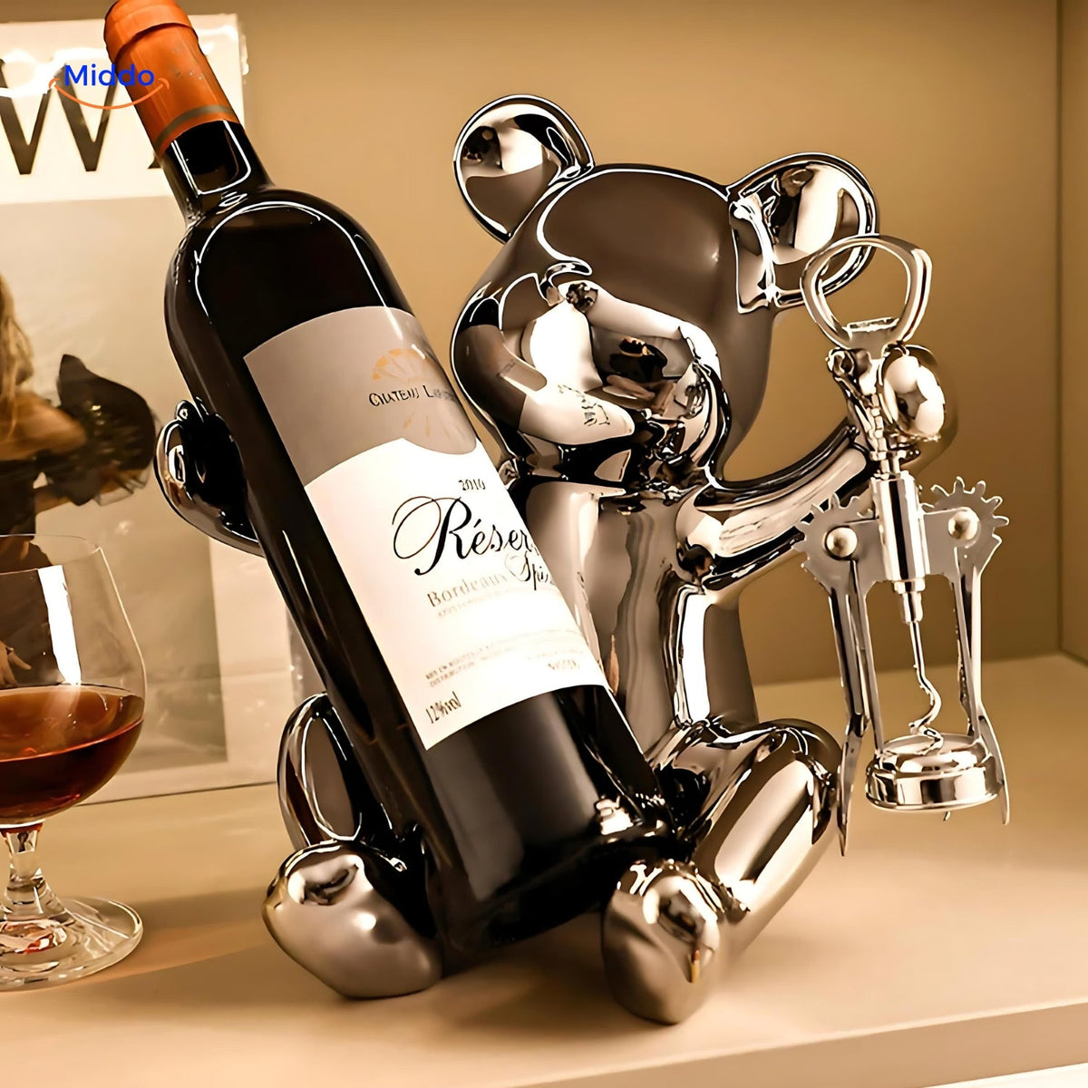 Silberner Bären Weinhalter mit eingebautem Korkenzieher Handmadebear