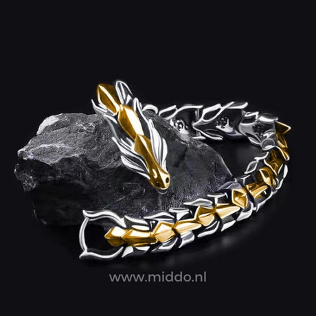 Silberne und goldene Drachenarmbänder auf schwarzem Stein
