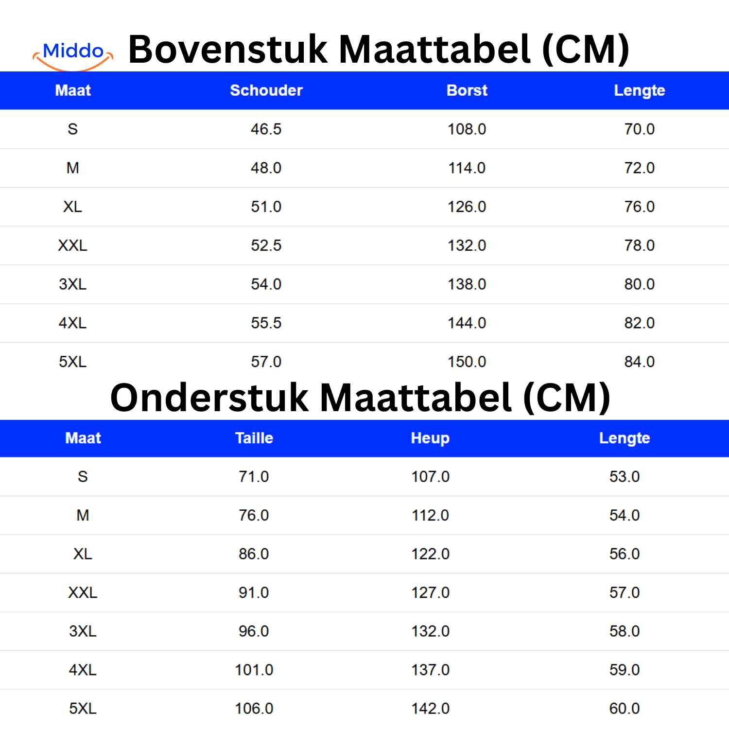 zippora set Oberteil und Unterteil Größentabelle mit cm Maßen www.middo.nl