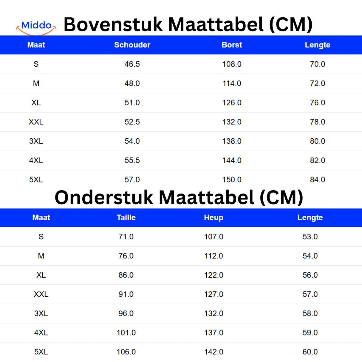 zippora set Oberteil und Unterteil Größentabelle mit cm Maßen