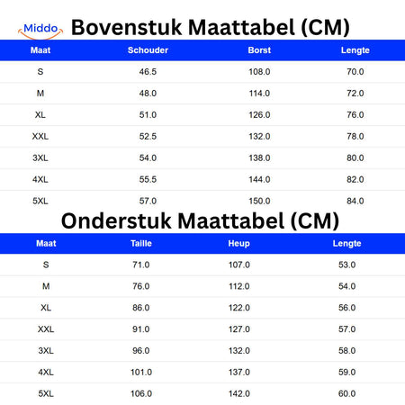 zippora set Oberteil und Unterteil Größentabelle mit cm Maßen www.middo.nl