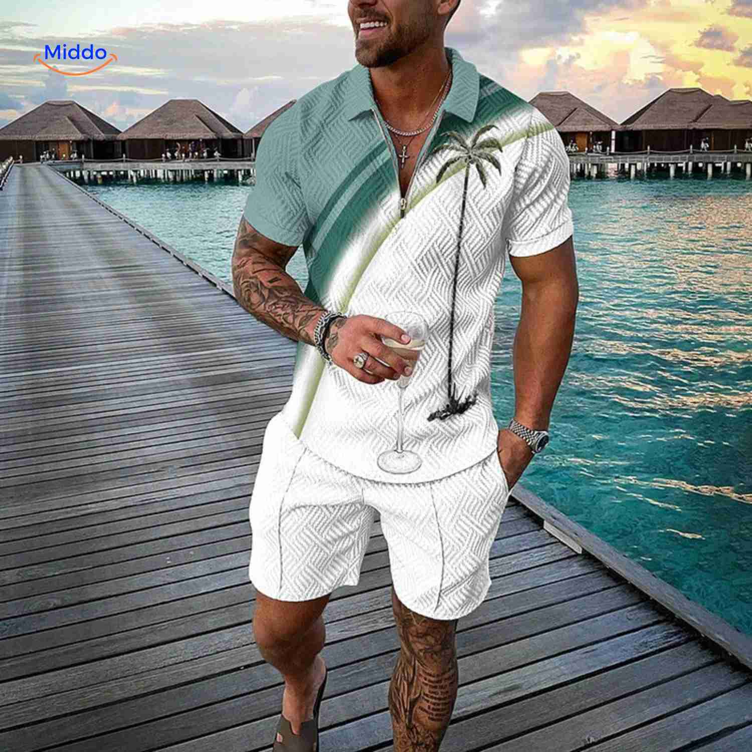 Zippora Set Palmenbaum Strandlook Grün Weiß Sommer Outfit www.middo.de