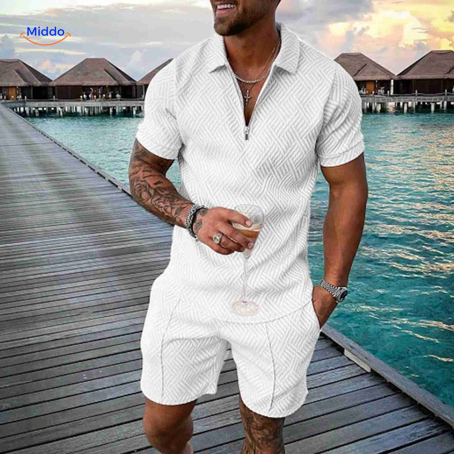 Zippora Set Weiß Textur Klassische Elegante Sommer Herren Set www.middo.nl