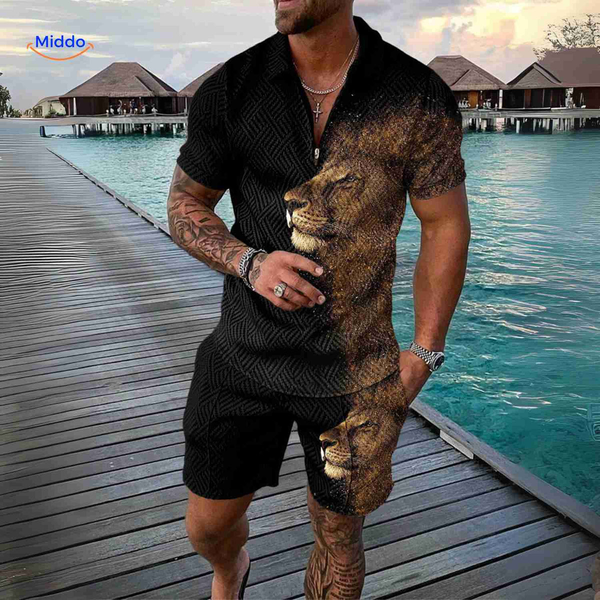 zippora set schwarz löwenprint kraftvolles sommer 2-teiliges outfit