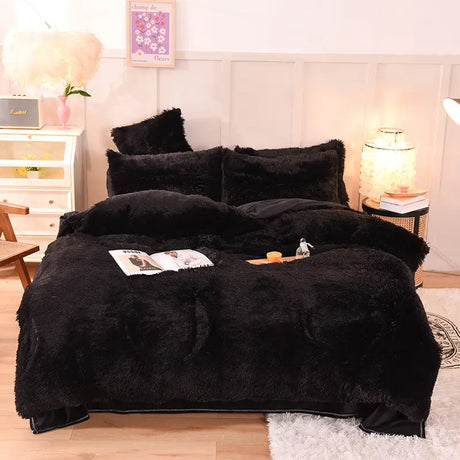Teddy Fluffy Fleece-Bettwäsche in Schwarz