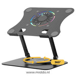Schwarze 360° drehbare Laptop-Ständer mit eingebautem Ventilator.